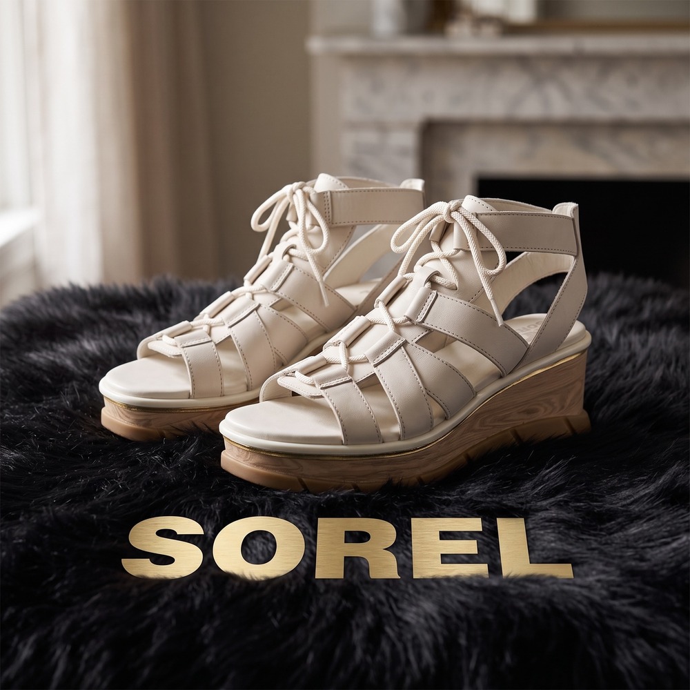 Sorel Cameron Flatform Lace Up Sandals Sea Salt Leather Wedge Womens 9.5